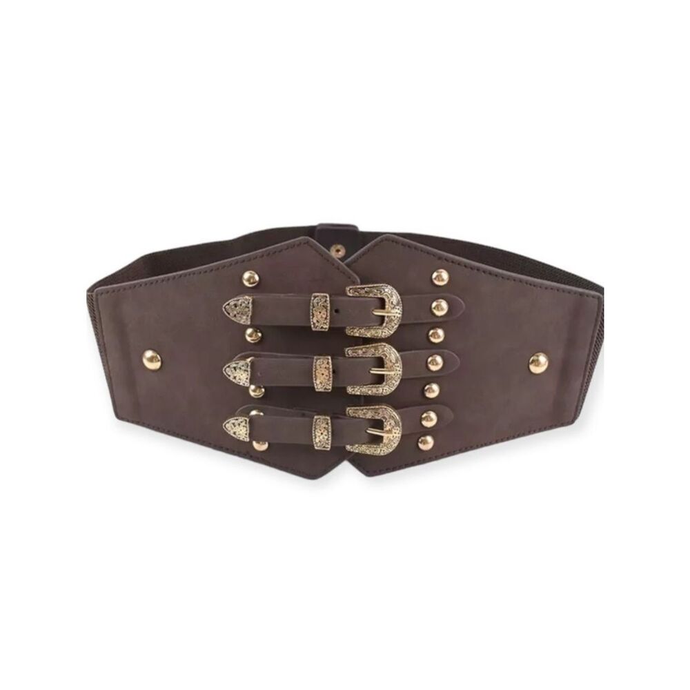 Dark Brown Gold Triple Buckle Wide Corset Belt NWT
